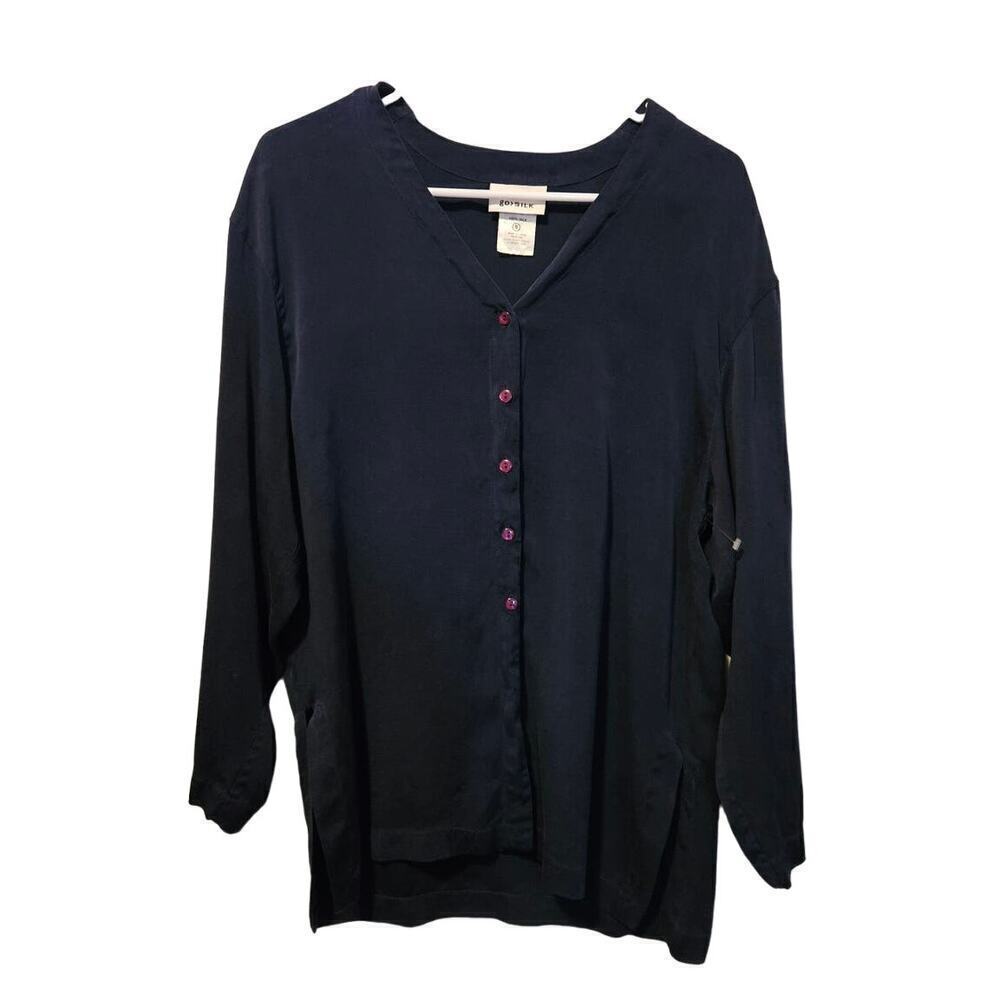 Go‎ Silk 100% silk long sleeve button up navy blouse size Small